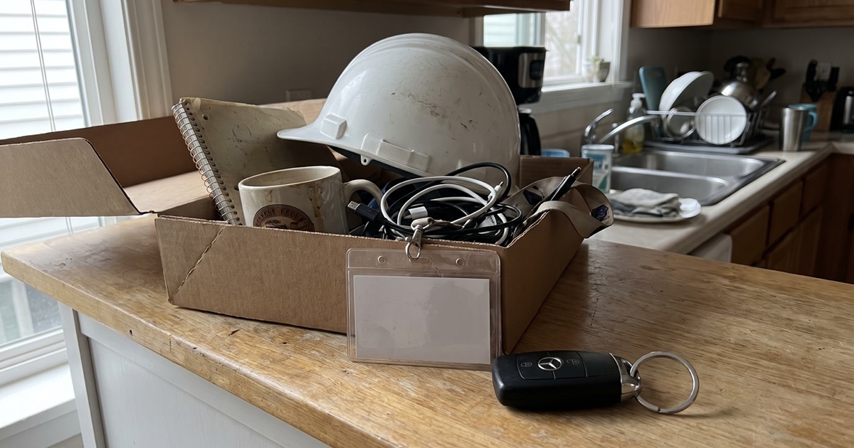 A van key on a kitchen counter next to a box of desk things and a construction hard hat